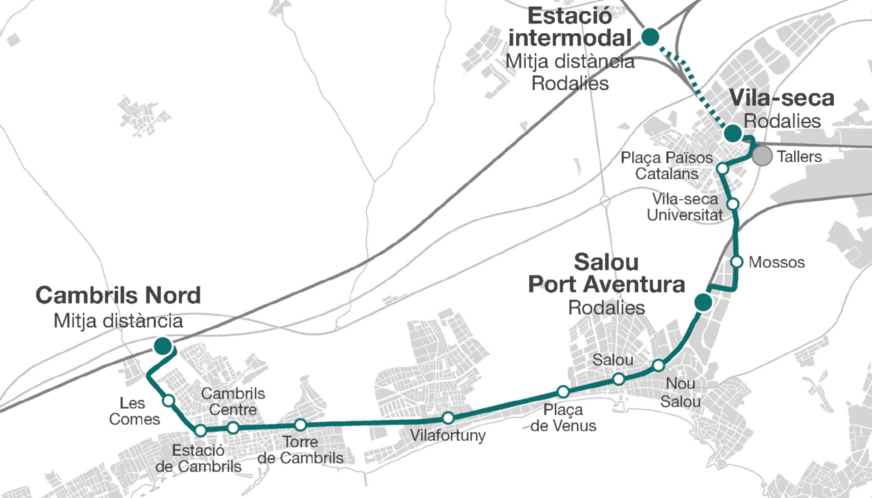 Mapa del traçat de la fase 1 de l'actuació del tramvia del Camp de Tarragona